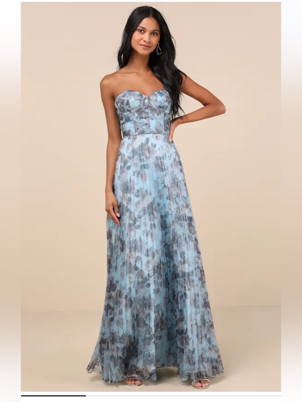 NWT Lulu's Beautiful Day Blue Multi Floral Print Organza Strapless Maxi Dress